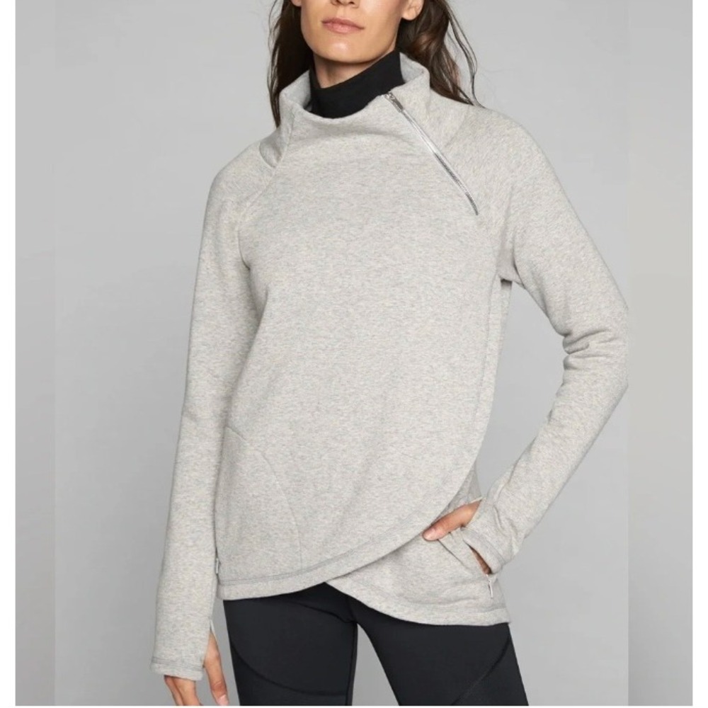 Athleta Cybele Asymmetric Zip Sweatshirt Oatmeal Heather Fleece Size L